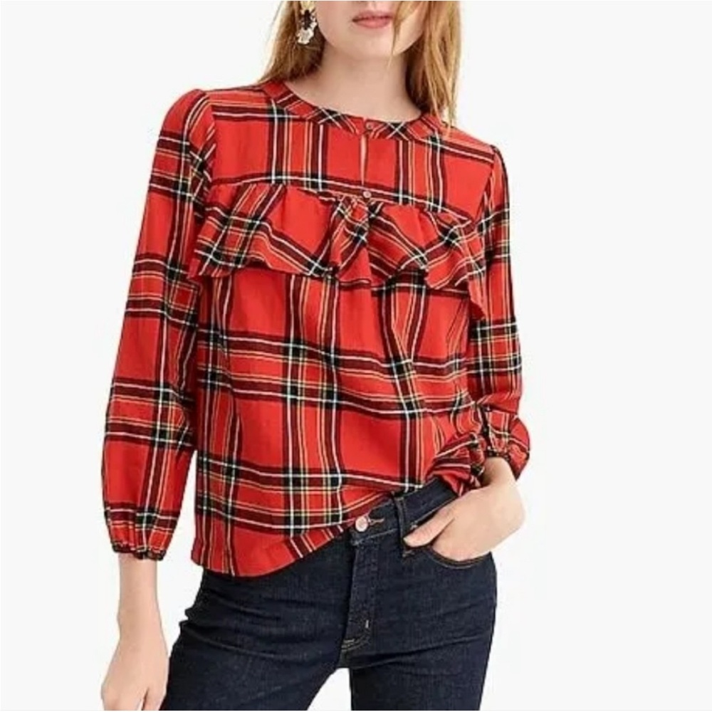 J. Crew Ruffled Tartan Plaid Blouse Women’s Size S Cotton Flannel Holiday Red